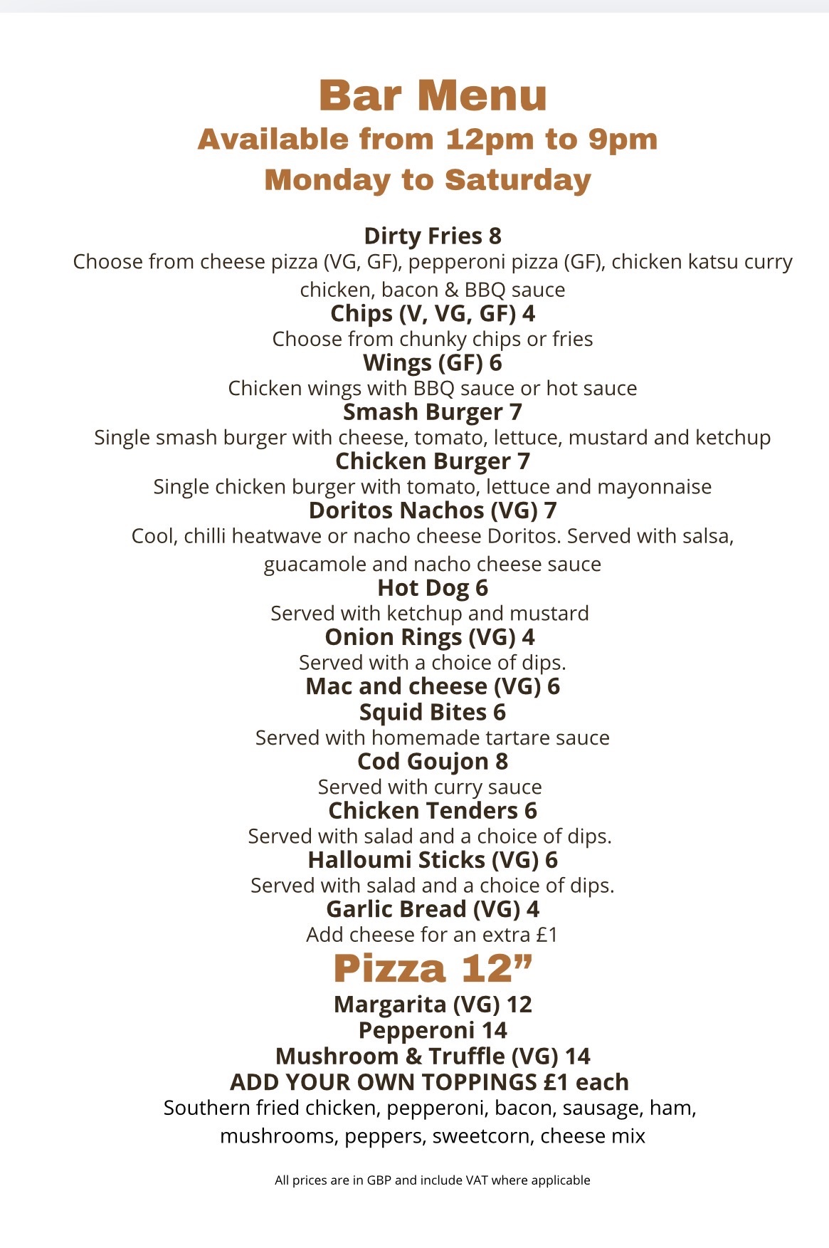 The Ridgeway Bar Menu with bar snacks, burgers, sides and 12-inch pizzas, available Monday to Saturday from 12pm to 9pm
